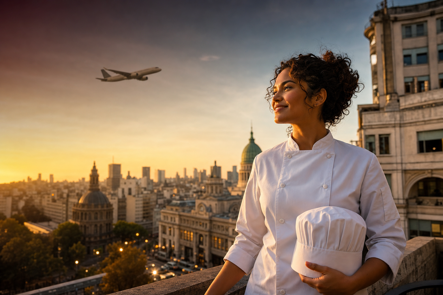 Futura chef diante de Buenos Aires com avião ao fundo
